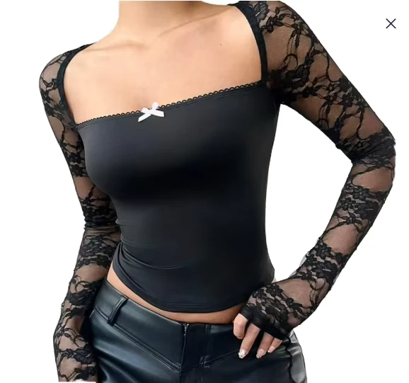 CHINEE-Women-Square-Neck-Lace-Sleeve-Slim-Fit-T-Shirt-Sheer-Patchwork-Long-Sleeve-Stretch-Going-Out-Y2K-Bodycon-Fashion-Top