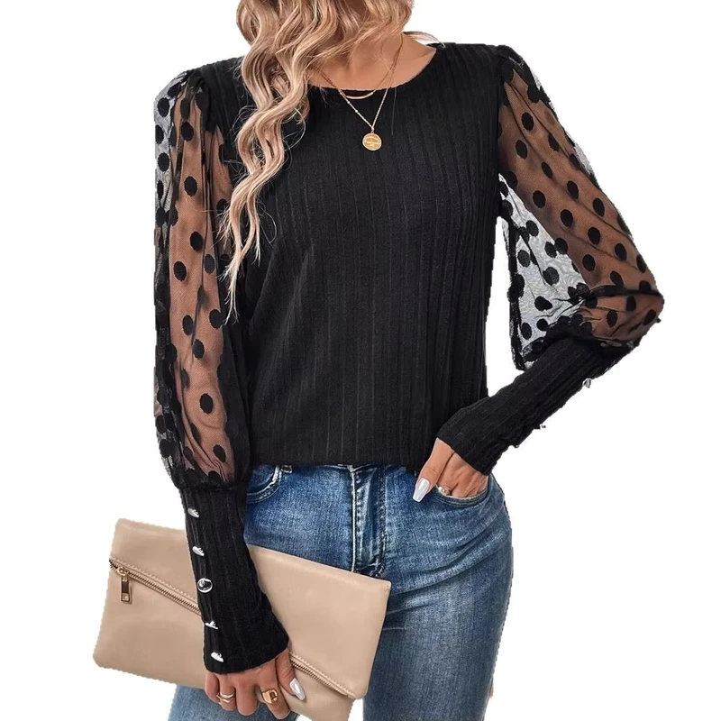 CHINEE-Women-Summer-Spring-Slim-Fit-Pullover-Slimming-Color-Blocking-Mesh-Dot-Long-Sleeve-Tops-Shirts-Casual-T-Shirt