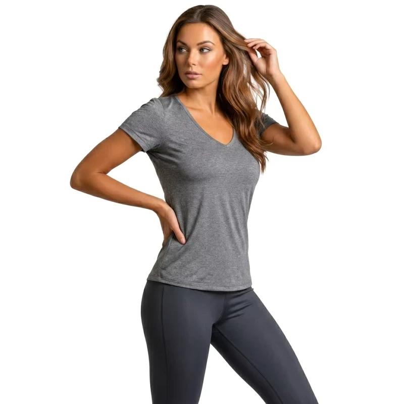 CHINEE-Women-V-Neck-Short-Sleeve-T-Shirt-Solid-Gray-Regular-Fit-Breathable-Cotton-Knitted-Quick-Dry-Casual-Wear-All-Seasons