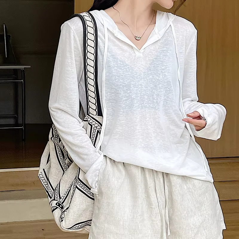 CHINEE-Women-V-Neck-Sun-Protective-Slim-Fit-Casual-Fashion-Hooded-T-Shirt