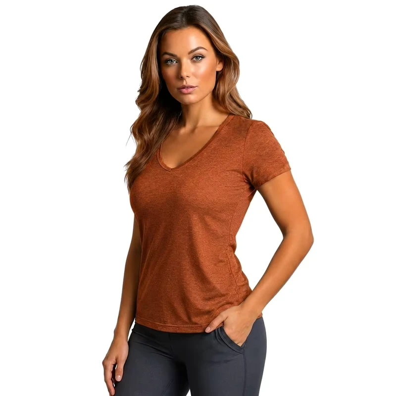 CHINEE-Women-V-Neck-T-Shirt-Short-Sleeve-Solid-Color-Knitted-Breathable-Slim-Fit-Casual-Wear-All-Seasons-Orange