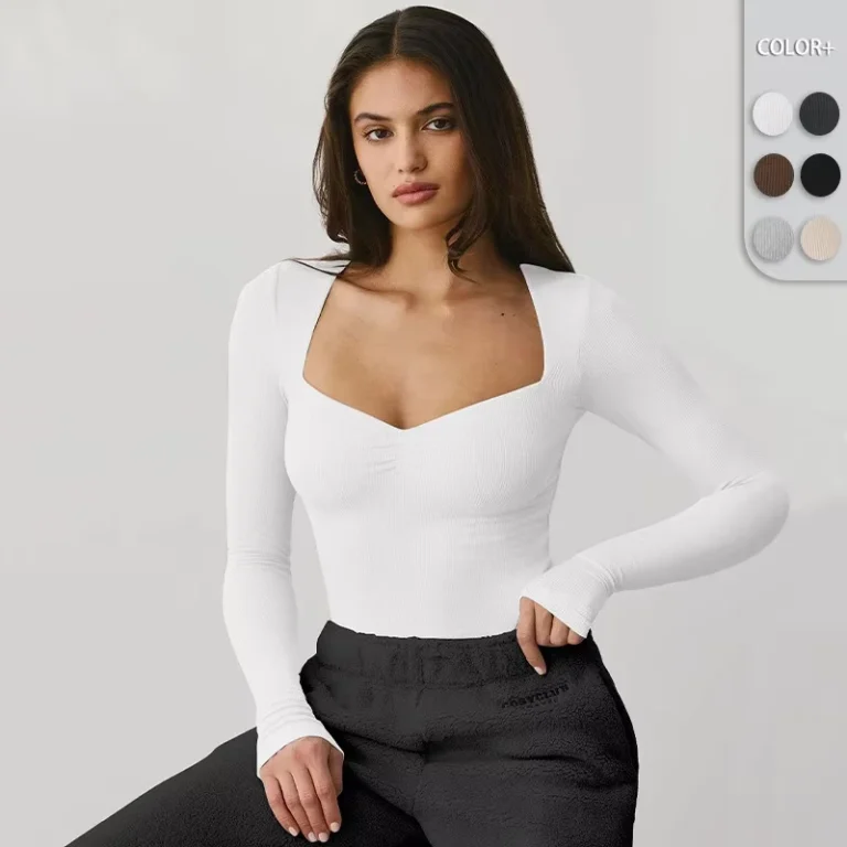 CHINEE-Womens-Autumn-Fashion-V-Neck-Three-Quarter-Sleeve-Crumpled-T-Shirt-Made-of-Knitted-Fabric