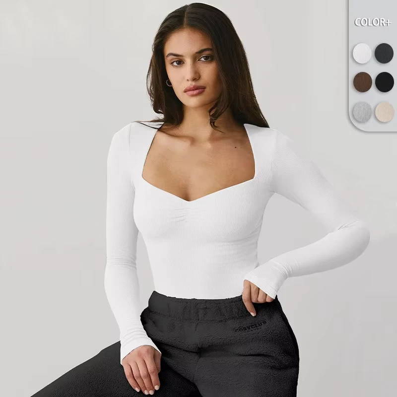 CHINEE-Womens-Autumn-Fashion-V-Neck-Three-Quarter-Sleeve-Crumpled-T-Shirt-Made-of-Knitted-Fabric