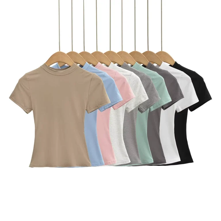 CHINEE-Womens-Basic-Solid-Color-Crew-Neck-Stretch-Regular-Shoulder-Short-Sleeve-T-Shirt-Summer-Thin-Waist-Cinching-Top