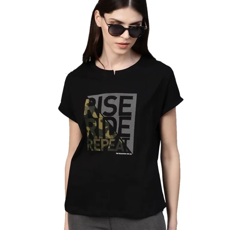 CHINEE-Womens-Black-Cotton-T-Shirt-Rise-Ride-Repeat-Solid-Short-Sleeve-O-Neck-Casual-Slim-Fit-Summer-High-Quality-Quick-Dry-Breathable