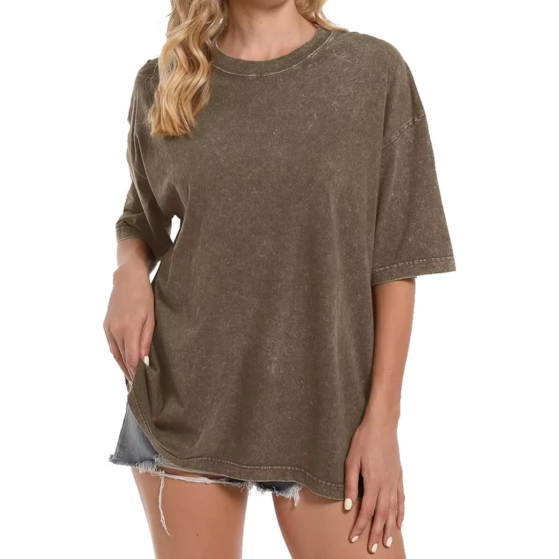 CHINEE-Womens-Brown-Washed-Oversized-T-Shirt-Casual-Short-Sleeve-Vintage-Style-Fashion-Tee