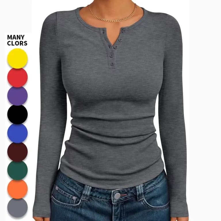 CHINEE-Womens-Button-fitted-Knitted-Elastic-Shirt-Top-Long-Sleeve-T-shirt