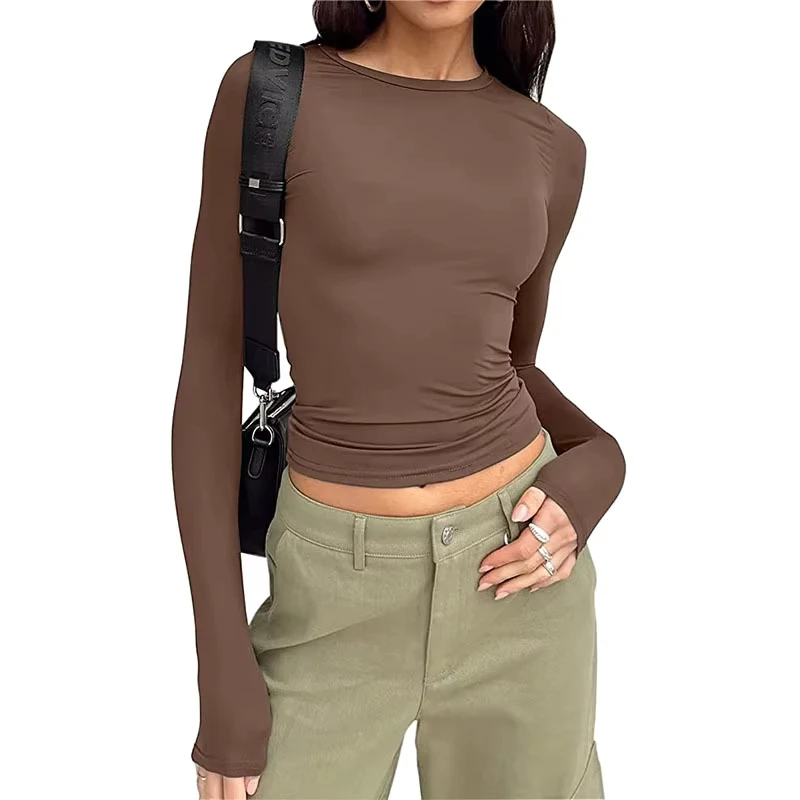 CHINEE-Womens-Casual-Long-Sleeve-Short-T-Shirt-Autumn-Spring-Solid-Color-Slim-Fit-Polyester-Pullover-Streetwear-Base-Layer-Top
