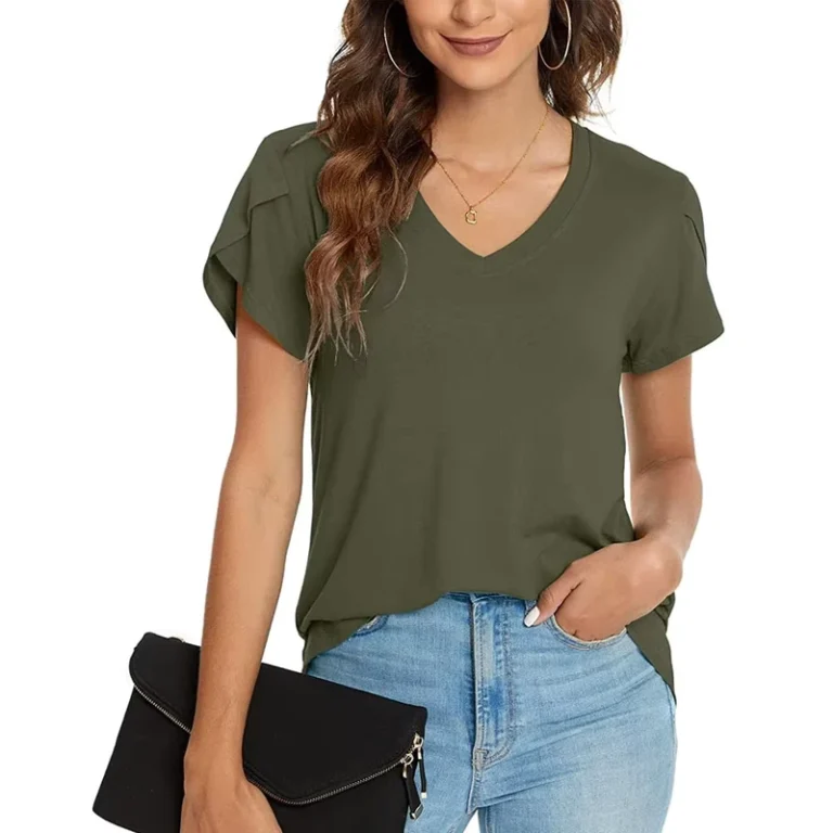 CHINEE-Womens-Casual-Short-Sleeve-V-Neck-Slim-Fit-T-Shirt-Plain-Dyed-Anti-Pilling-Breathable-Customizable-Logo-Womens-V-Neck-T-Shirt