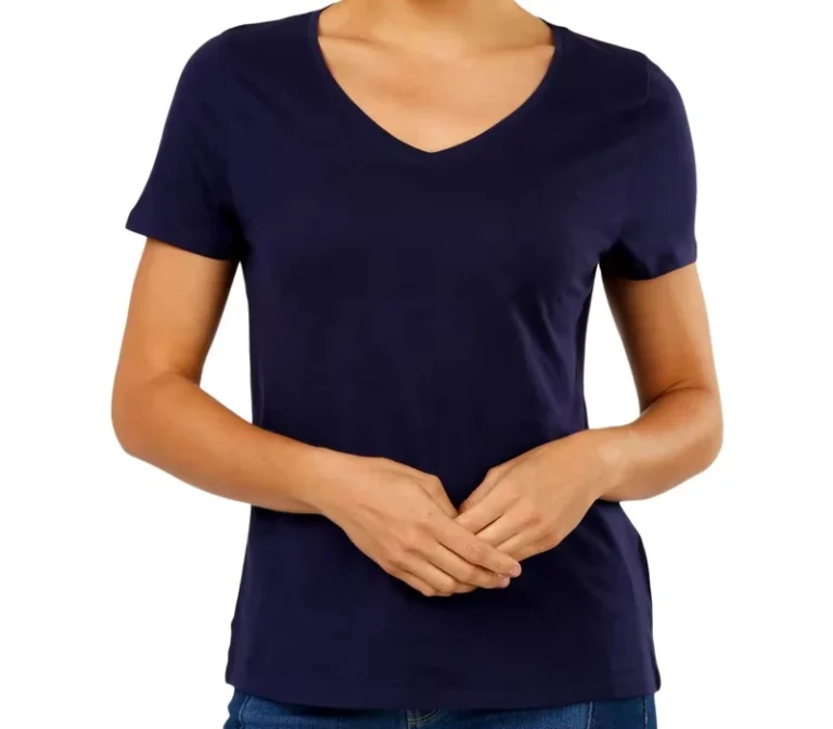 CHINEE-Womens-Classic-Fit-V-Neck-Breathable-Customizable-Solid-Color-Pure-Cotton-Dark-Blue-T-Shirts