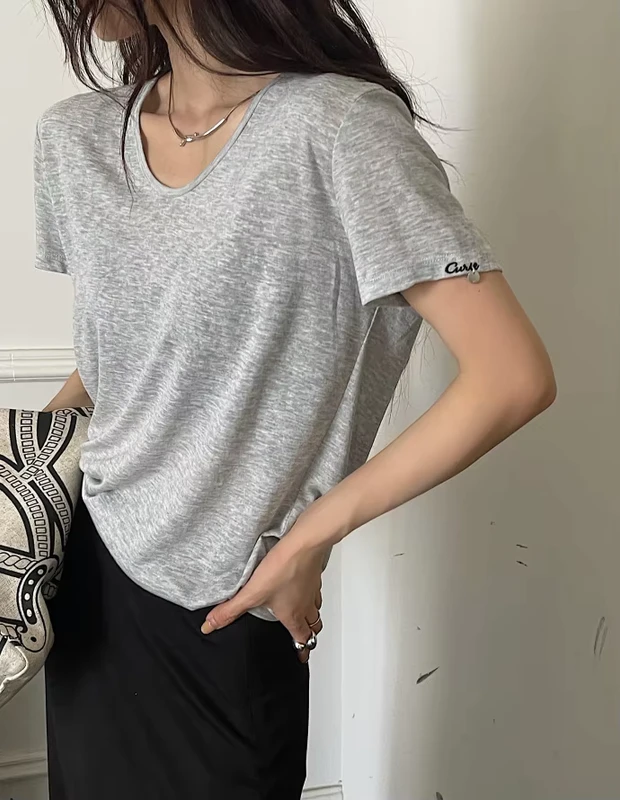 CHINEE-Womens-Classic-V-Neck-T-Shirt-63-Lyocell-37-Polyester-Short-Sleeved-Knitted-Bottom-Breathable-Logo-Printed-XL-for-Spring