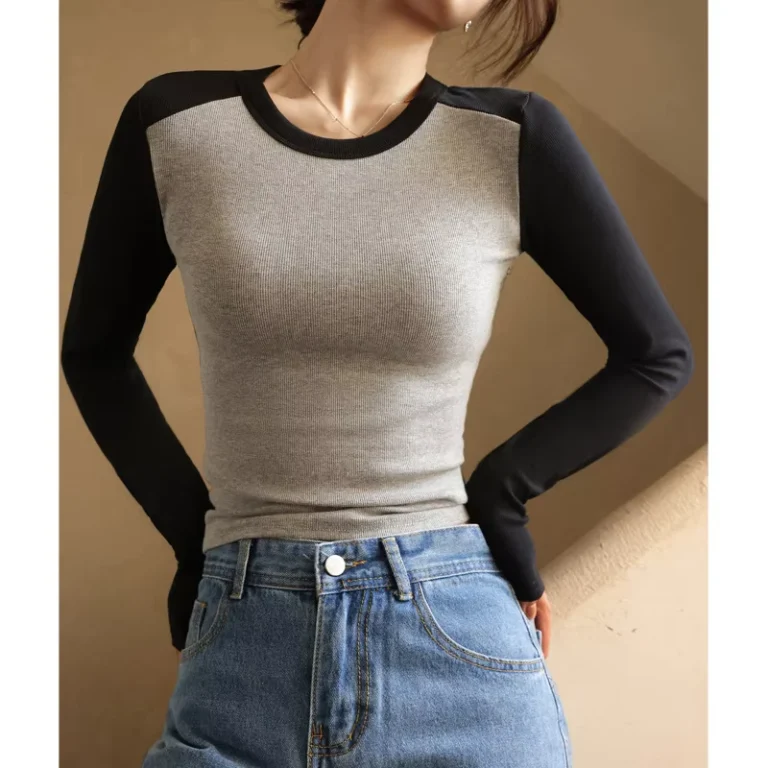 CHINEE-Womens-Cotton-Contrast-Raglan-Sleeve-Slim-Fit-Autumn-Inner-Wear-Long-Sleeve-T-Shirt-Top