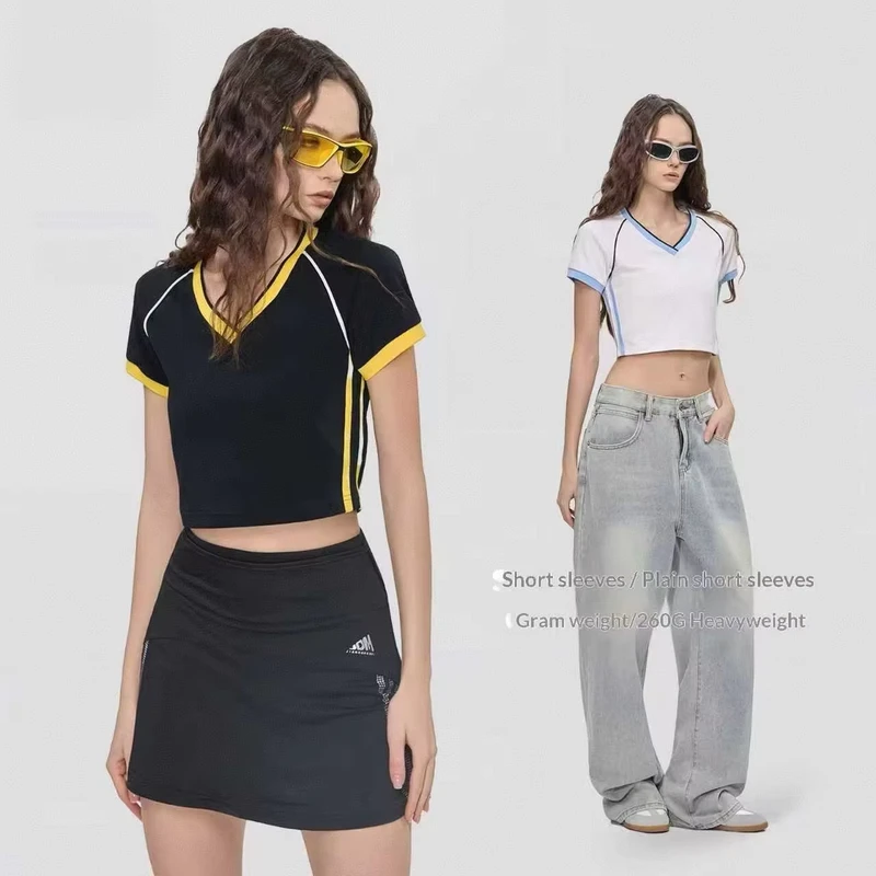 CHINEE-Womens-Crop-Slim-Fit-Hip-Hop-V-neck-Contrast-Stitching-T-shirt