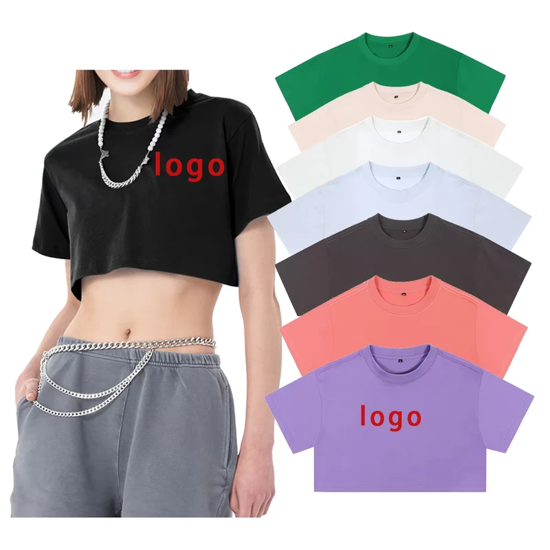 CHINEE-Womens-Crop-Top-T-shirts-100-Cotton-210g-Customized-Embroidered-Screen-Printing