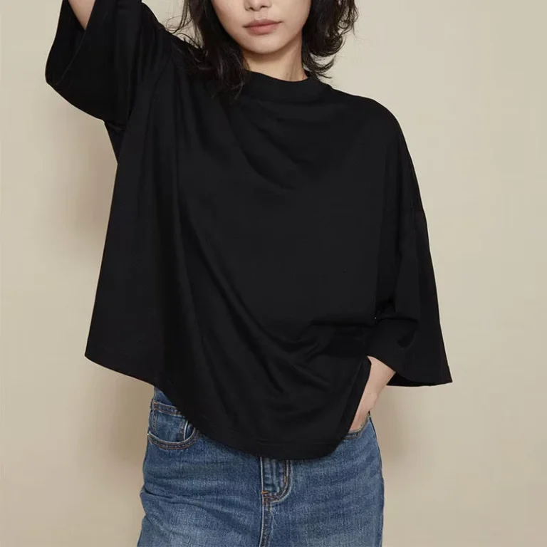 CHINEE-Womens-Custom-Cotton-Boxy-T-Shirt-Casual-Loose-Fit-Crew-Neck-3-4-Sleeve-Streetwear-Drop-Shoulder-Black-Tee-for-Everyday-Wear