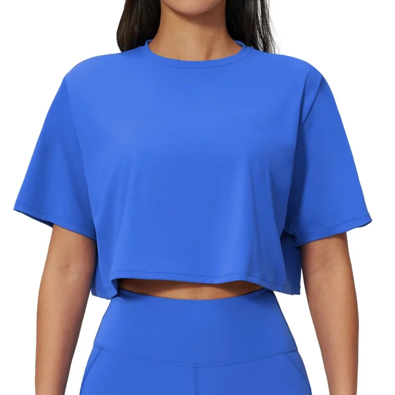 CHINEE-Womens-Fashion-Casual-Sports-Short-Sleeve-Yoga-Suit-Umbilical-Loose-Round-Neck-Spandex-Short-T-shirt-with-Four-Way-Stretch