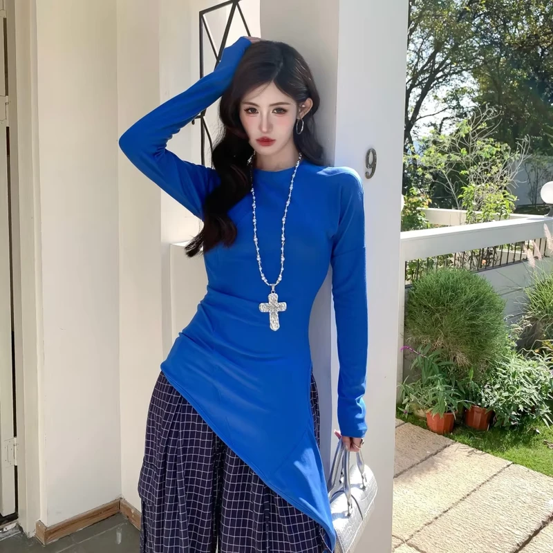 CHINEE-Womens-Irregular-Klein-Blue-Long-Sleeve-T-Shirt-Spring-New-Arrival-Unique-Design-Fashion-Top
