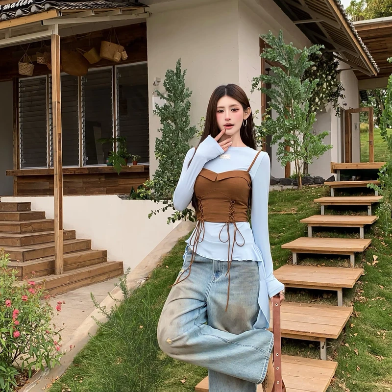 CHINEE-Womens-Korean-Style-Asymmetric-Ruffle-Long-Sleeve-T-Shirt-Spring-New-Slim-Fit-Pleated-Frill-Top