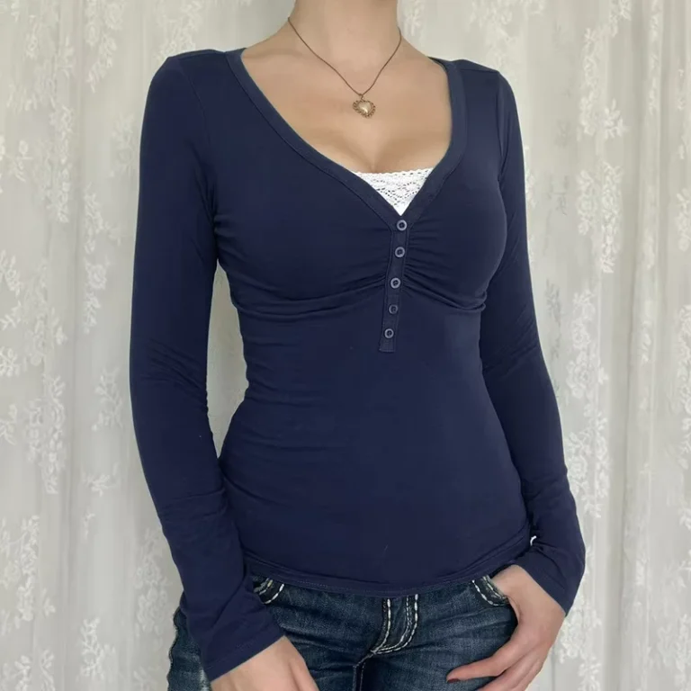 CHINEE-Womens-Lace-Stitching-V-neck-Slim-fit-Long-Sleeve-T-Shirt-Minimalist-Slimming-Bottoming-Shirt-Top