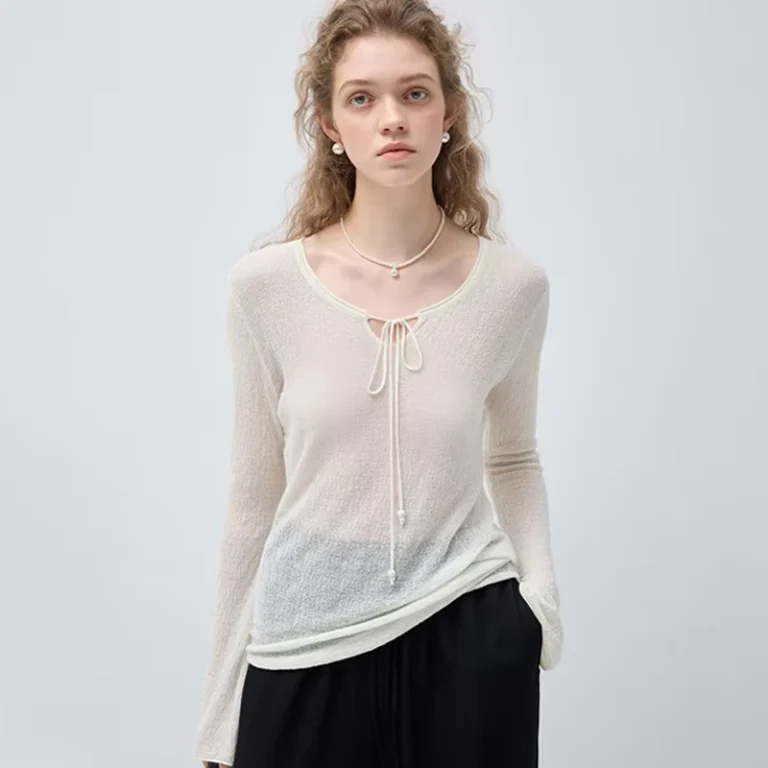 CHINEE-Womens-Long-Sleeve-T-Shirt-with-Tie-Neck-and-Sheer-Knit-Texture-Slim-Fit-Soft-Fabric-for-Casual-Daily-Wear