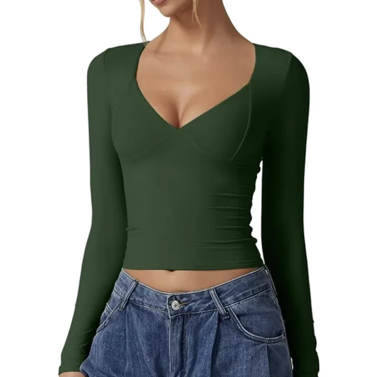 CHINEE-Womens-Long-Sleeve-V-Neck-T-Shirts-Double-Lined-Crop-Top-Seamed-Cup-Going-Out-Tops