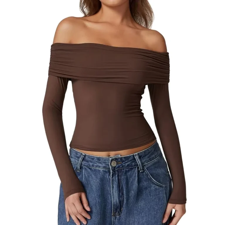 CHINEE-Womens-Off-The-Shoulder-Tops-Double-Lined-Long-Sleeve-T-Shirts-Slim-Fitted-Stretchy-Crop-Top