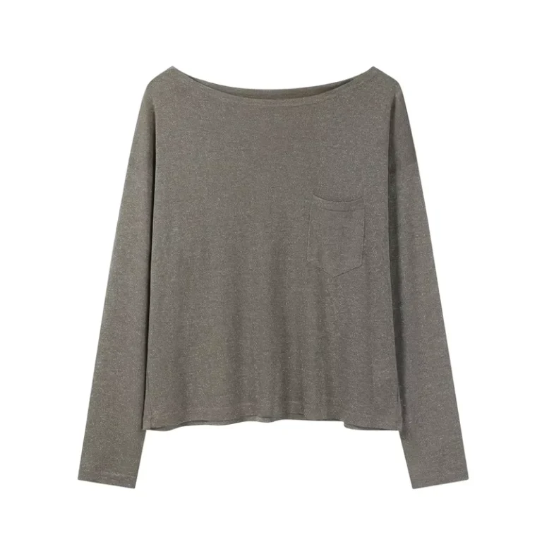 CHINEE-Womens-Off-the-shoulder-Regular-Sleeve-Knit-Top-Loose-Fit-Solid-Color-Shiny-Casual-T-Shirt-Regular-Length-Basic-Plain-Dyed