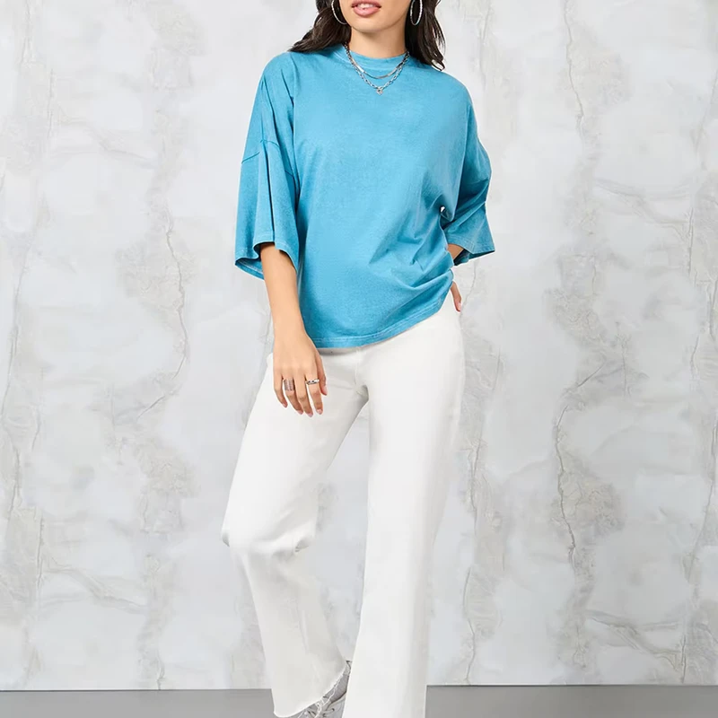 CHINEE-Womens-Oversized-Crew-Neck-T-Shirt-Three-Quarter-Sleeve-Solid-Color-Loose-Fit-100-Cotton-Breathable-Jersey-Fabric-Spring