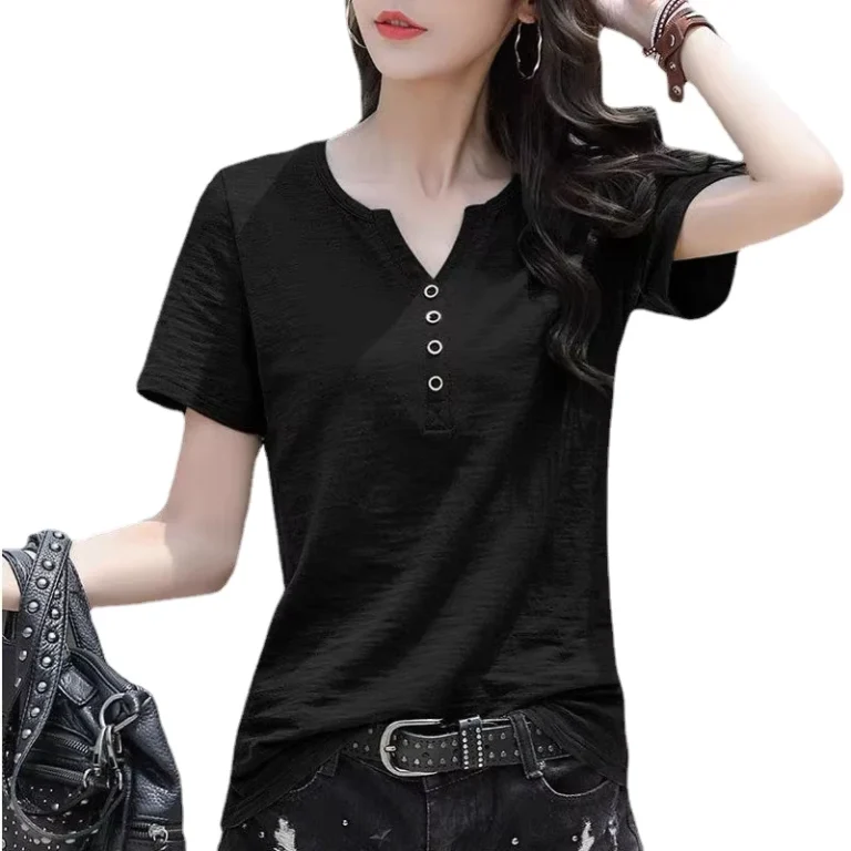 CHINEE-Womens-Plus-Size-Cotton-T-Shirt-6XL-V-Neck-Short-Sleeve-Top-Breathable-Casual-Solid-Pattern-with-Button-Decoration-for-Summer