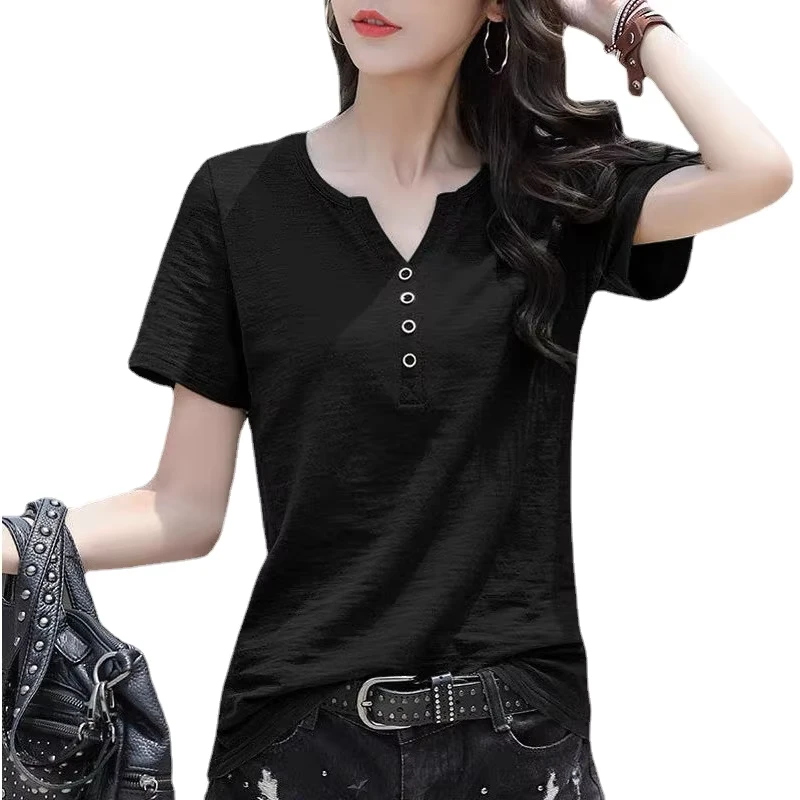 CHINEE-Womens-Plus-Size-Cotton-T-Shirt-6XL-V-Neck-Short-Sleeve-Top-Breathable-Casual-Solid-Pattern-with-Button-Decoration-for-Summer