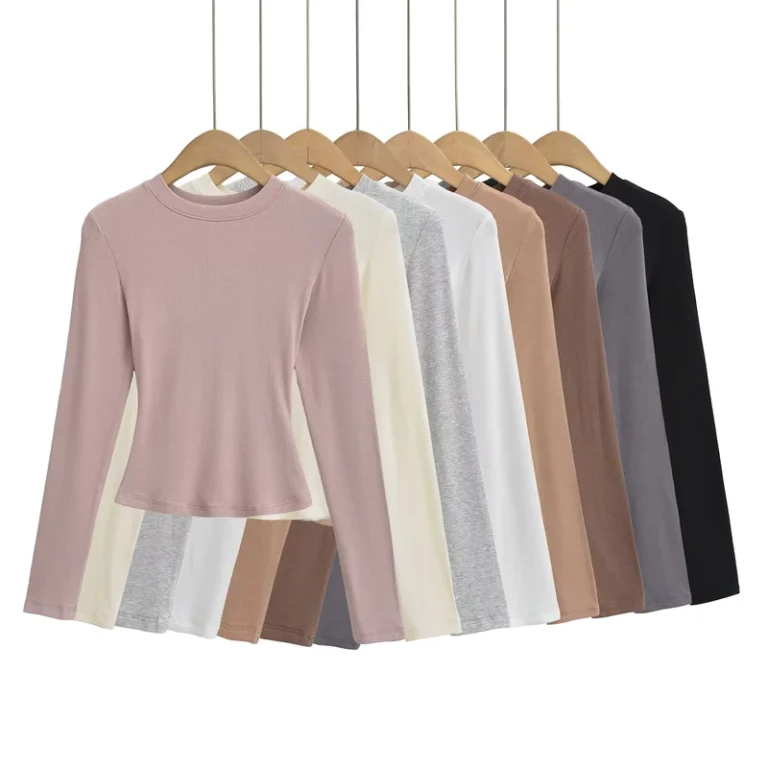 CHINEE-Womens-Round-Neck-Solid-Color-Long-Sleeve-Ribbed-T-Shirt-Top-Fashion