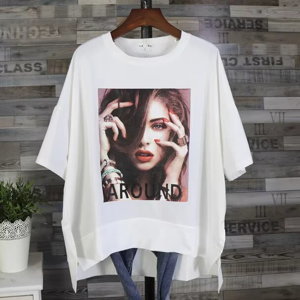CHINEE-Womens-Short-Sleeve-Crew-Neck-Eco-Friendly-Denim-Flannel-Batik-T-Shirt-with-Hole-Detail-Blank-White-Plain-Design