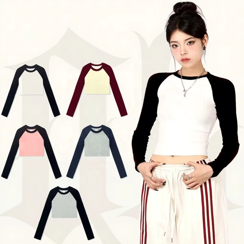 CHINEE-Womens-Short-Trendy-Corp-220-GSM-Womens-Sexy-Slim-Crew-Neck-Long-Sleeved-Custom-logo-DTG-Print-Contrast-Color-T-shirt