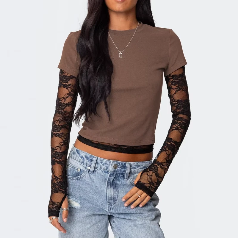 CHINEE-Womens-Slim-Fit-Summer-Polyester-Spandex-Blend-Lace-Splicing-Sleeves-Long-Sleeved-Crew-Neck-T-Shirt-European-American
