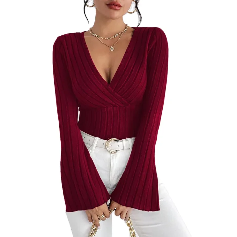 CHINEE-Womens-Slimming-V-Neck-Cross-Neck-Long-Sleeved-Knit-Top-with-Front-Logo