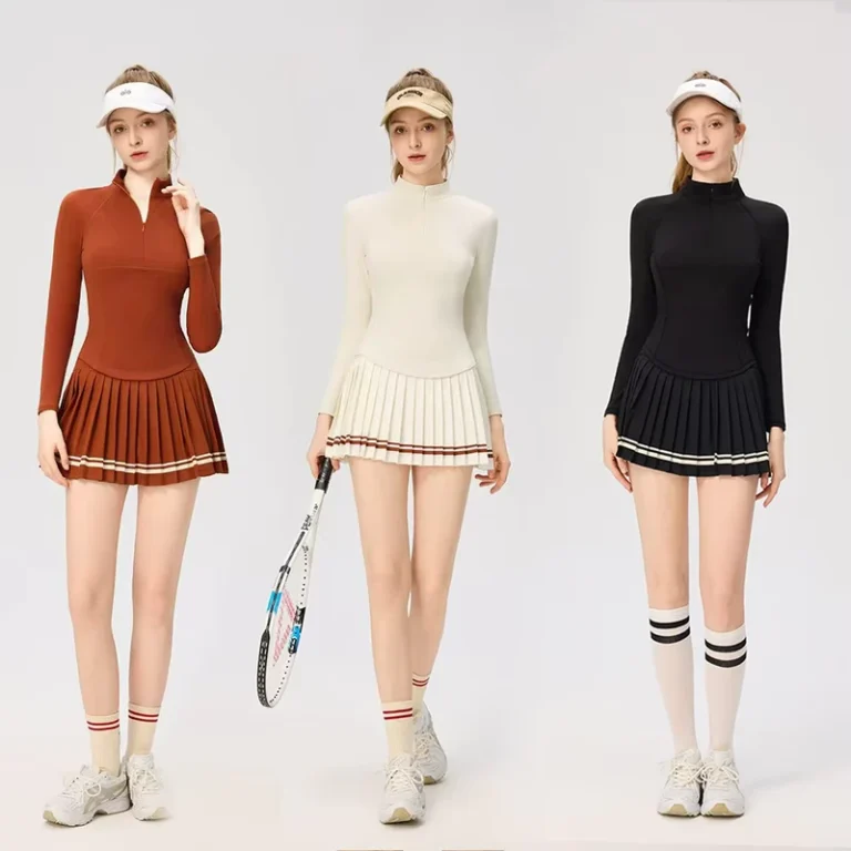 CHINEE-Womens-Sporty-Tennis-Suit-Skinny-Slimming-A-line-Pleated-Striped-Short-Skirt-Breathable-Long-sleeved-Zipper-Stand-T-shirt