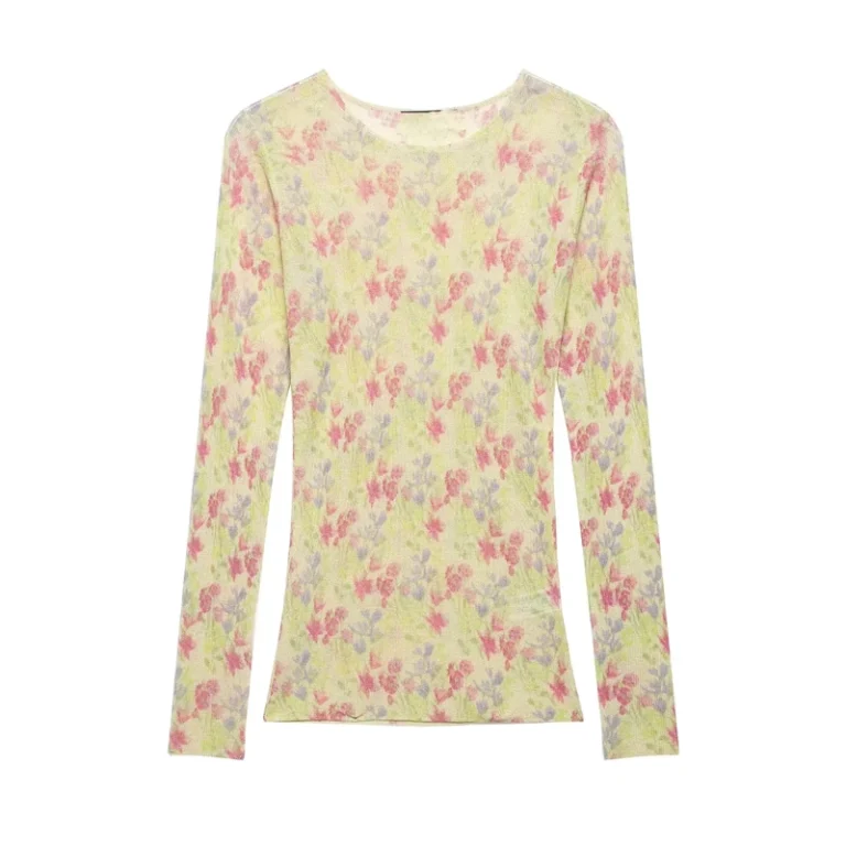 CHINEE-Womens-Spring-New-Arrival-Sweet-and-Fashionable-Round-Neck-Floral-Print-Sheer-Knit-Long-Sleeve-T-Shirt