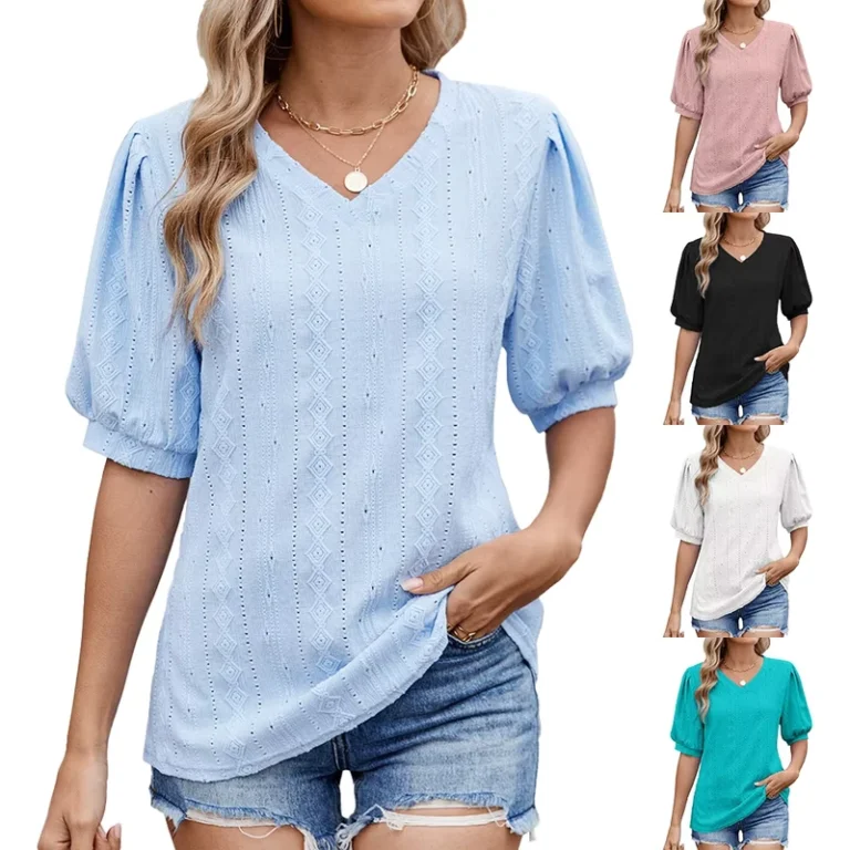 CHINEE-Womens-Spring-Summer-T-Shirt-New-Solid-Color-V-Neck-Bubble-Short-Sleeved-Loose-Fit-Canvas-Long-Clothing-Sweet-Style