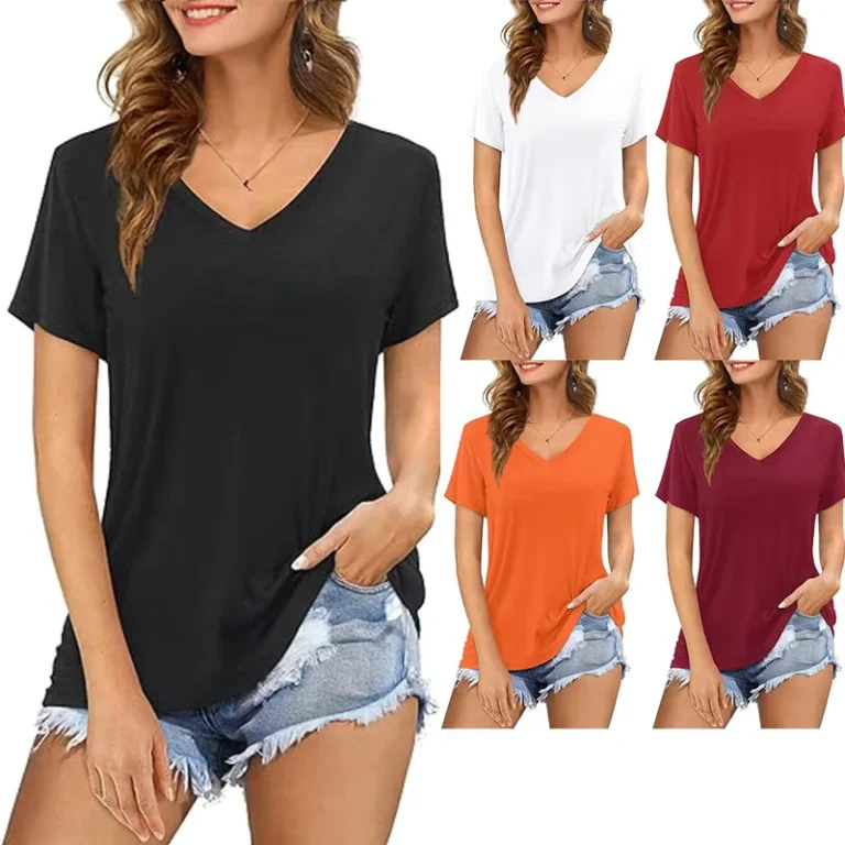 CHINEE-Womens-Summer-Casual-V-Neck-T-Shirt-European-American-Solid-Color-Loose-Fit-Plus-Size-Basic-Short-Sleeve-Knitted-Top