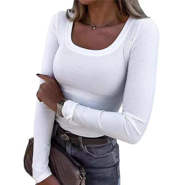CHINEE-Womens-Summer-Eco-Friendly-Compressed-Long-Sleeve-U-Neck-Woven-Fitted-Casual-Tops-3D-Embroidered-Spandex