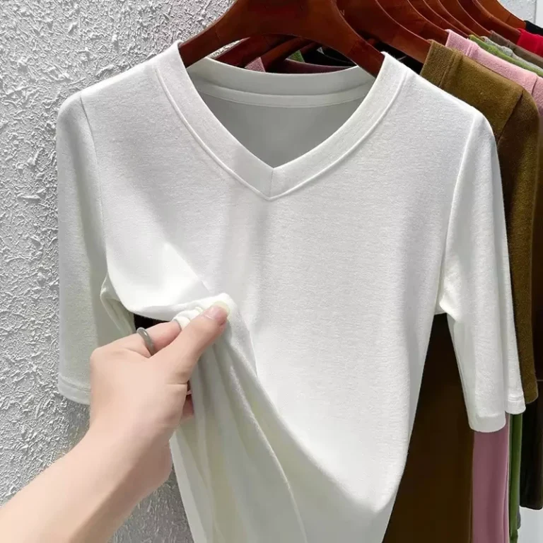 CHINEE-Womens-Summer-Modal-Cotton-T-Shirt-with-V-Neck-and-Mid-Sleeve-Versatile-Five-Quarter-Sleeve-Top-for-Autumn-Clearance