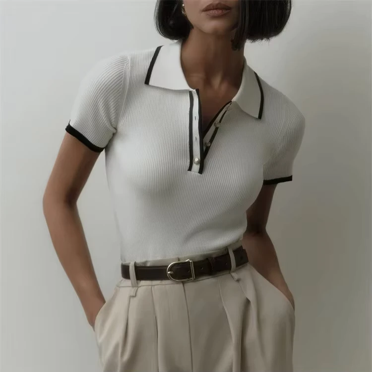 CHINEE-Womens-Summer-Slim-V-Collar-T-Shirt-Old-Money-Style-Contrast-Short-Sleeve-Knit-Pullover-Breathable-Casual-Tops-Button