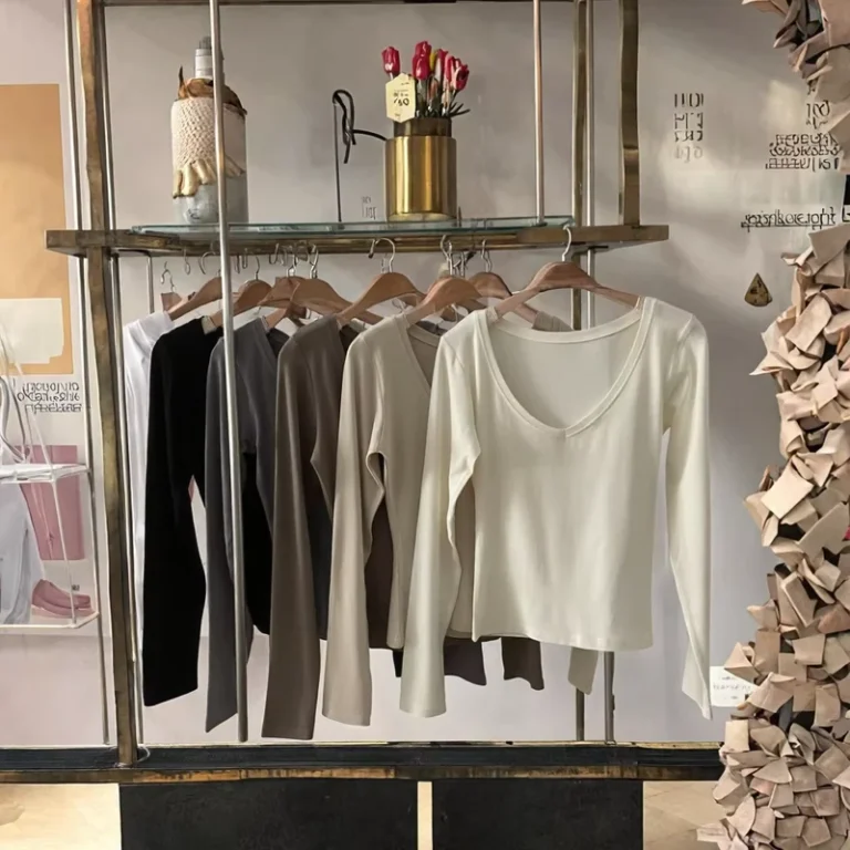 CHINEE-Womens-Summer-T-Shirt-Deep-V-Neck-Regular-Fit-Waist-Slim-Knitted-Top-Long-Sleeves-Viscose-Korean-Style