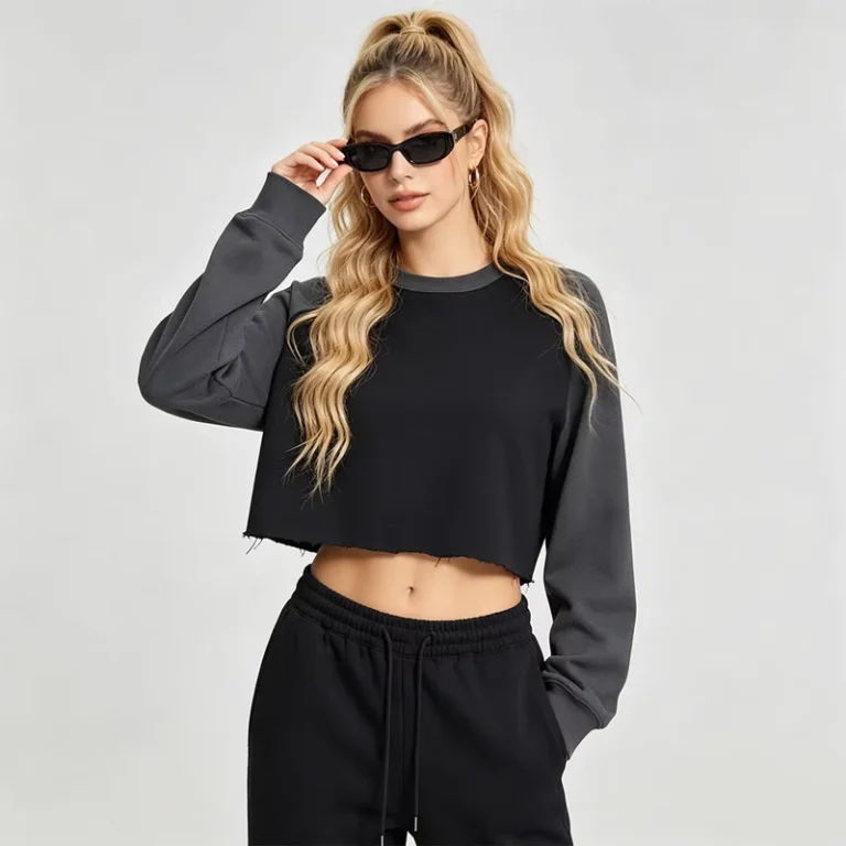 CHINEE-Womens-T-shirt-Color-blocked-American-style-Cropped-Top-with-Raglan-Sleeves-Casual-Sporty-Trendy-Long-sleeve
