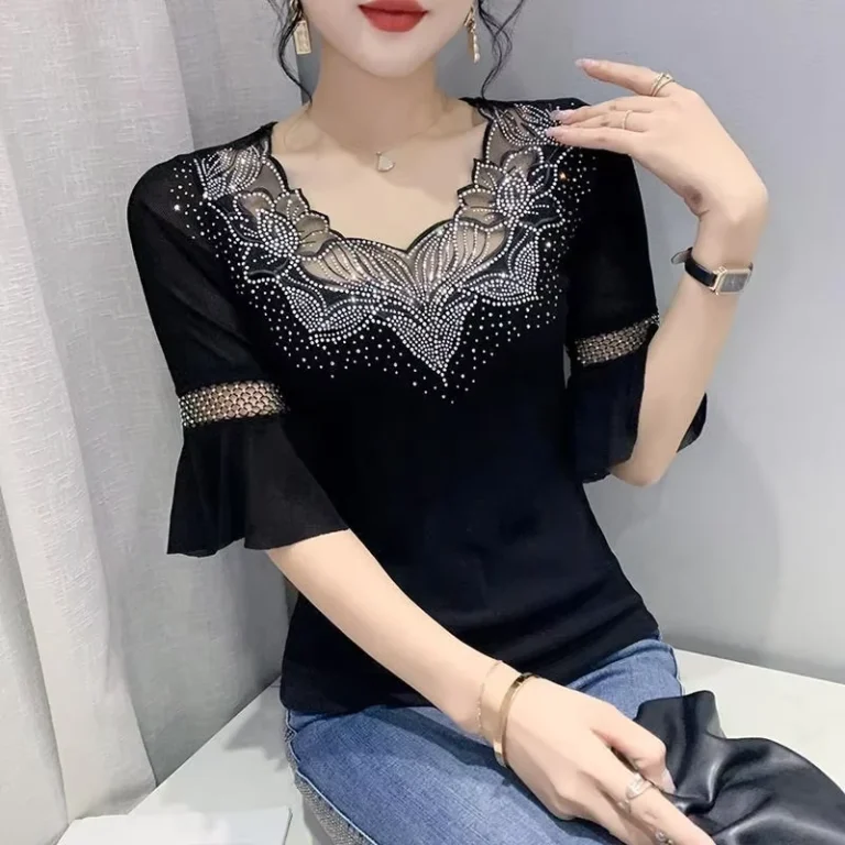 CHINEE-Womens-V-Neck-Floral-Print-Rhinestone-Shiny-Sequined-Half-Sleeve-Mesh-Clothes-Tee-Tops-Nightclub-Shirts-Party-T-shirt
