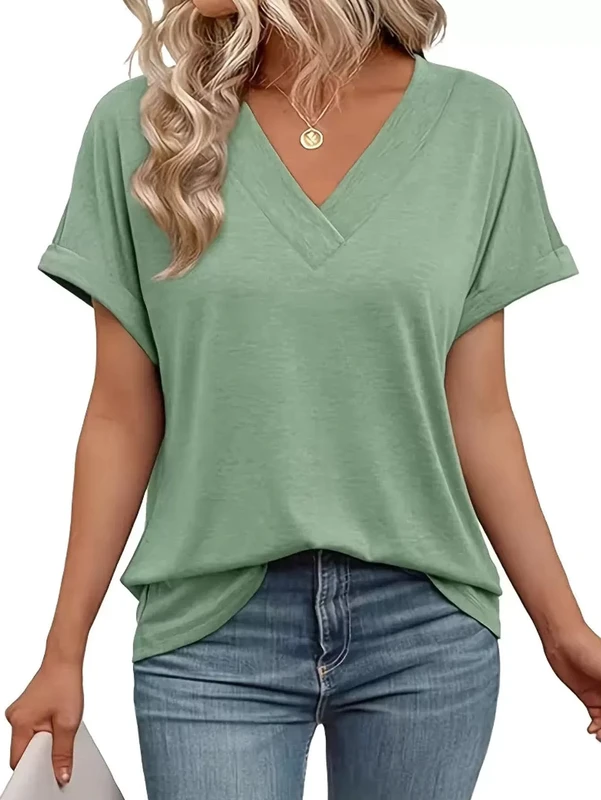 CHINEE-Womens-V-Neck-Rolled-Short-Sleeve-T-Shirt-Casual-Loose-Fit-Custom-Color-Tee-Soft-Breathable-Daily-Tops-Custom-logo