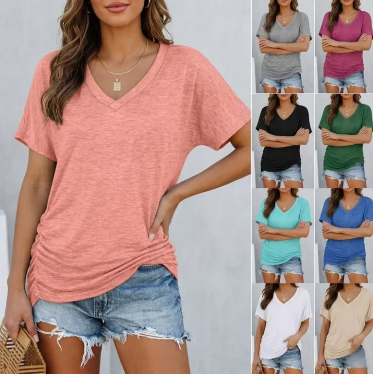 CHINEE-Womens-V-Neck-Short-Sleeve-Casual-T-Shirt-Soft-Side-Ruched-Summer-Tops-Regular-Fit-Stretchy-Rayon-Spandex-Tee-Comfortable
