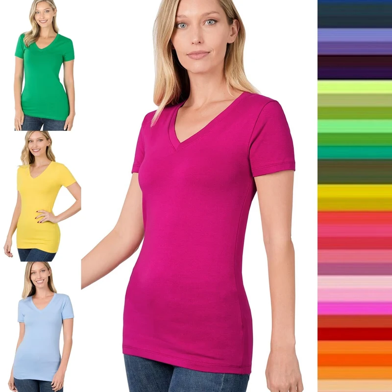 CHINEE-Womens-V-neck-100-Cotton-Short-Sleeve-T-shirts-Customized-Digital-Printed-Anti-Pilling-Breathable-Casual-Fit-Custom-Colors