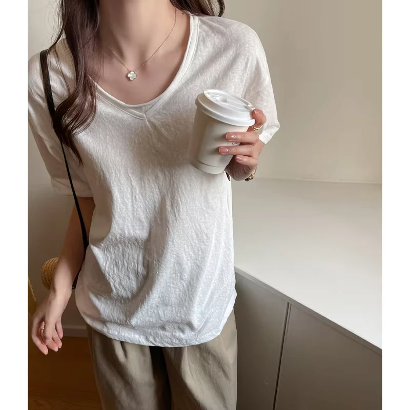 CHINEE-Womens-V-neck-Solid-Plain-Dyed-Eco-Friendly-Cotton-Polyester-Short-Sleeved-T-shirt-Summer-Fashion-Casual-Top-Base-Shirt