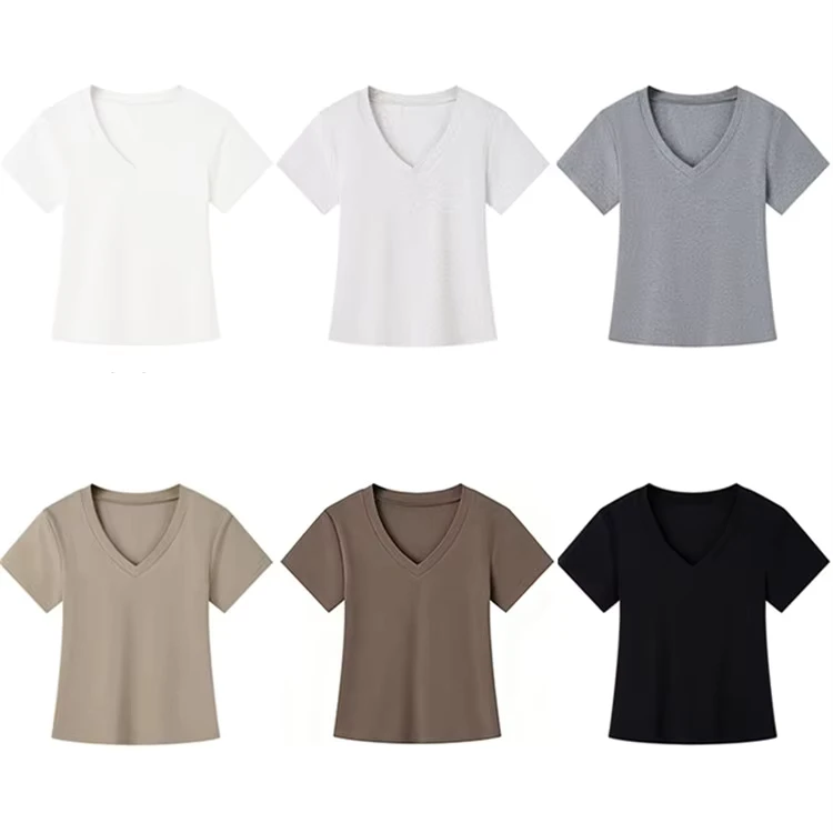 CHINEE-Womens-Versatile-V-Neck-T-Shirt-220GSM-Cotton-Spandex-Regular-Shoulder-Short-Sleeve-Casual-Tee